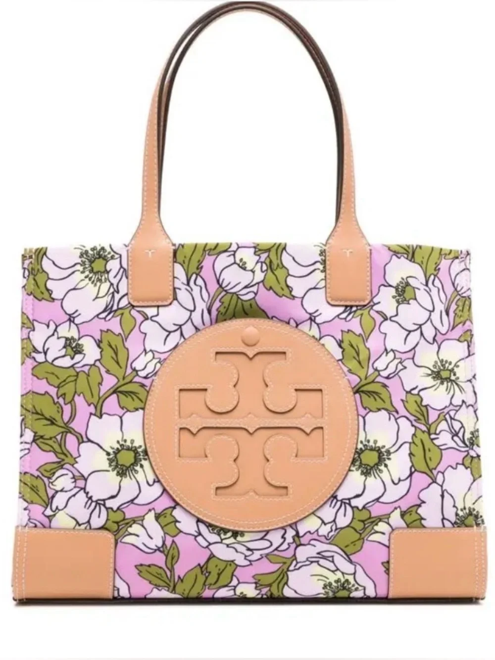 Tory Burch Ella Pink Floral Print Tote with Tan Leather Logo Laptop Sleeve